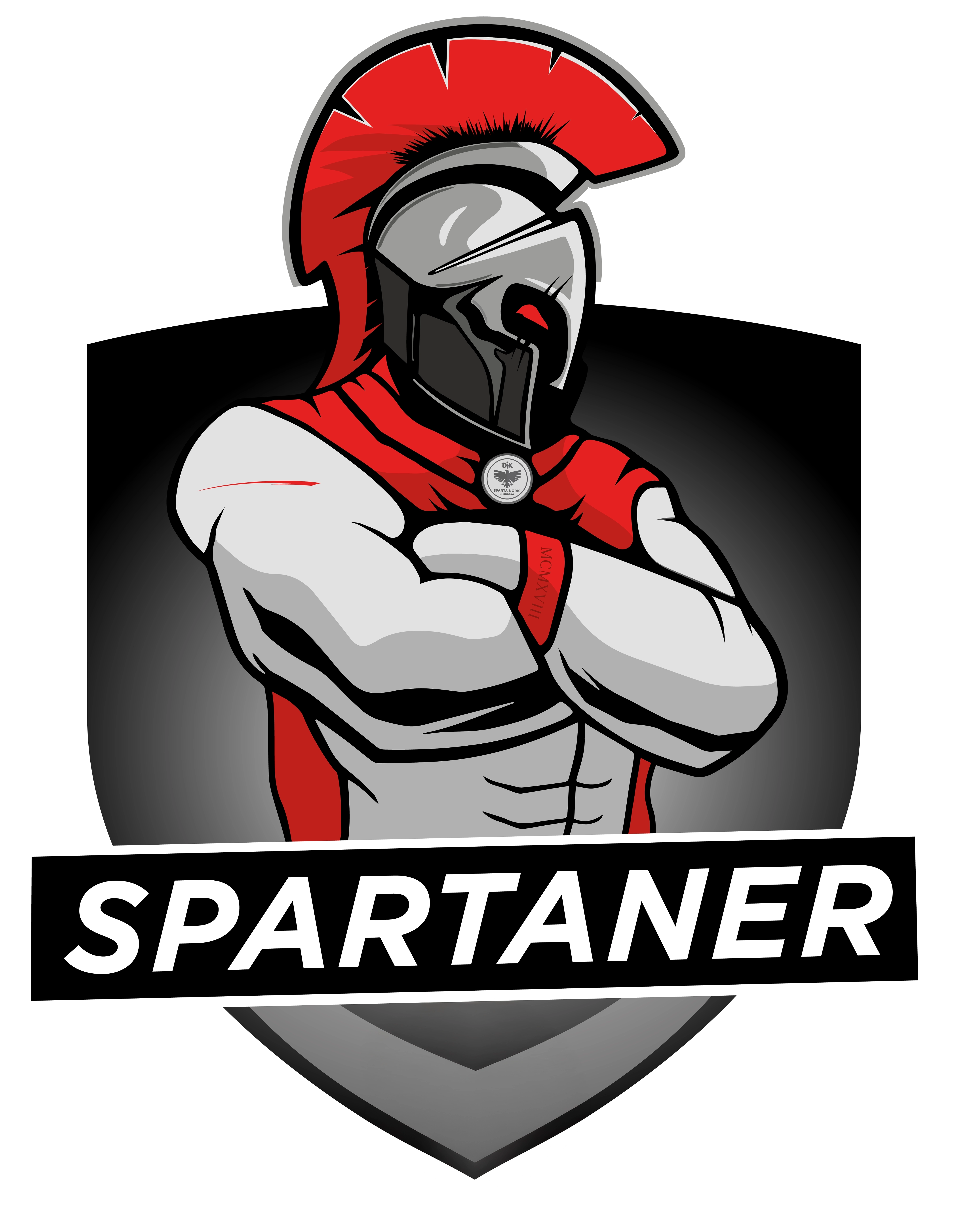 Logo of the DJK Sparta Noris Nürnberg: A stylized Spartan warrior wearing an ancient helmet with a red plume and cape, arms crossed, on a gray shield background. Below is the text 'Spartaner' in a black bar. At the bottom of the shield, there is a symbol resembling a ball.